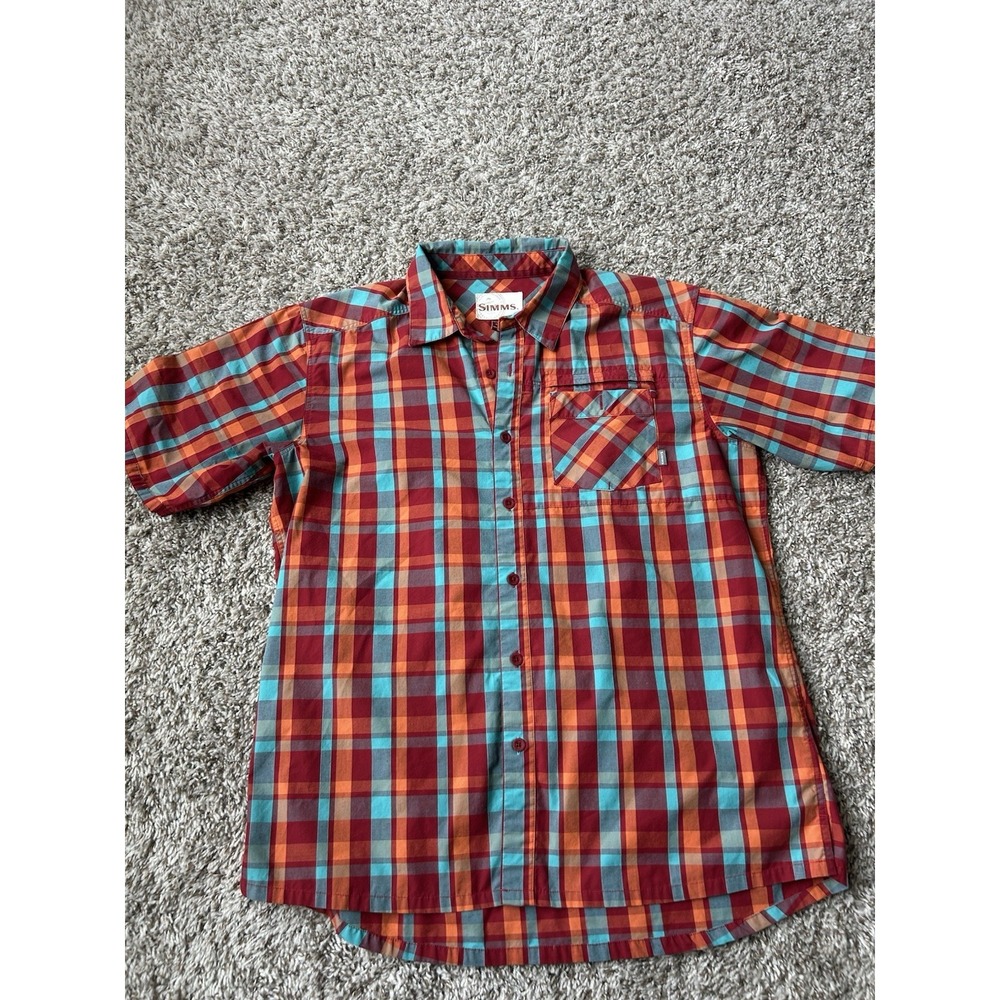 Simms Shirt Mens Large Red Plaid Short Sleeve Fishing Button Up Pocket Espirito